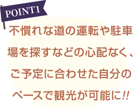 不慣れな道の運転や駐車場を探すなどの心配なく、ご予定に合わせた自分のペースで観光が可能に!!