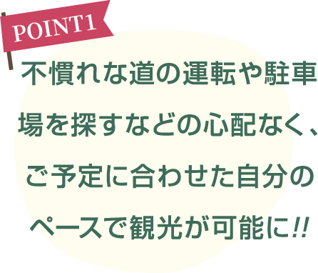 不慣れな道の運転や駐車場を探すなどの心配なく、ご予定に合わせた自分のペースで観光が可能に!!