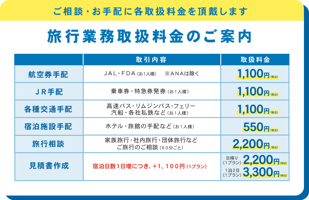 旅行業取扱料金のご案内