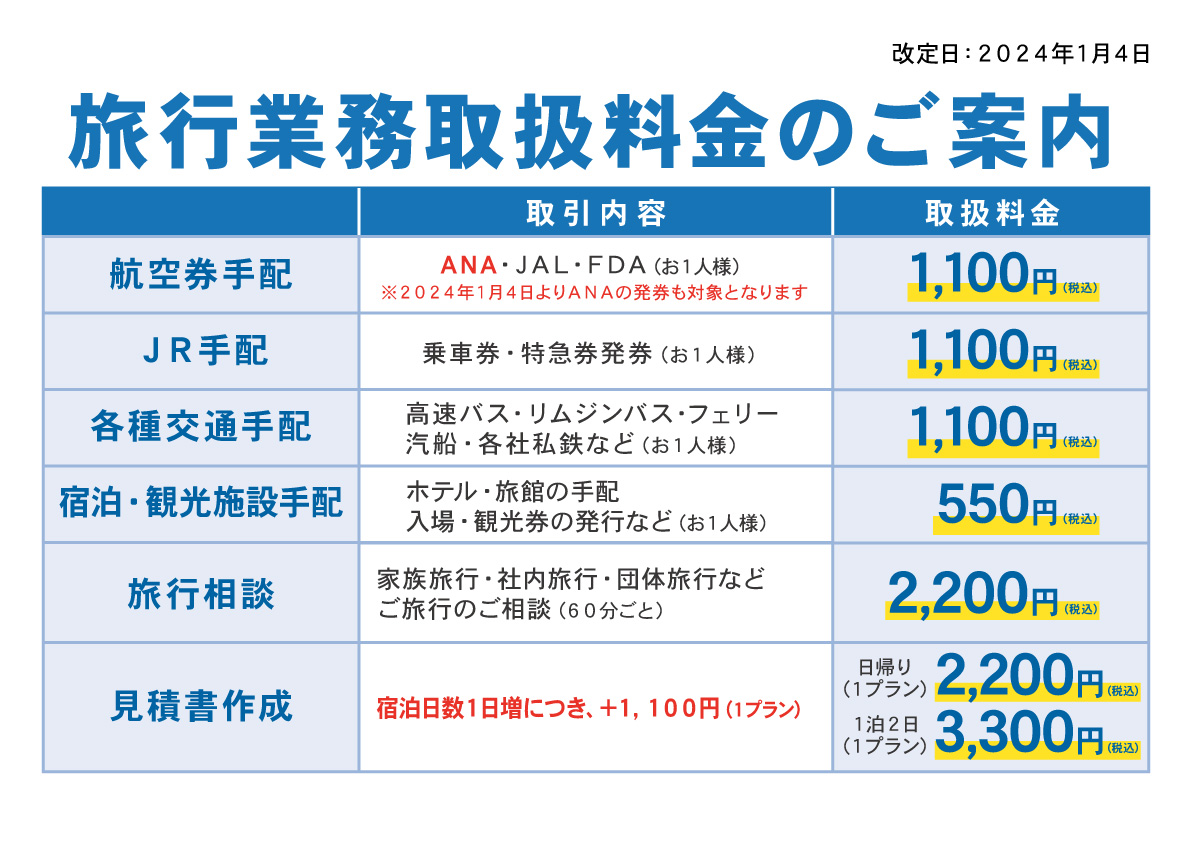 旅行業取扱料金のご案内