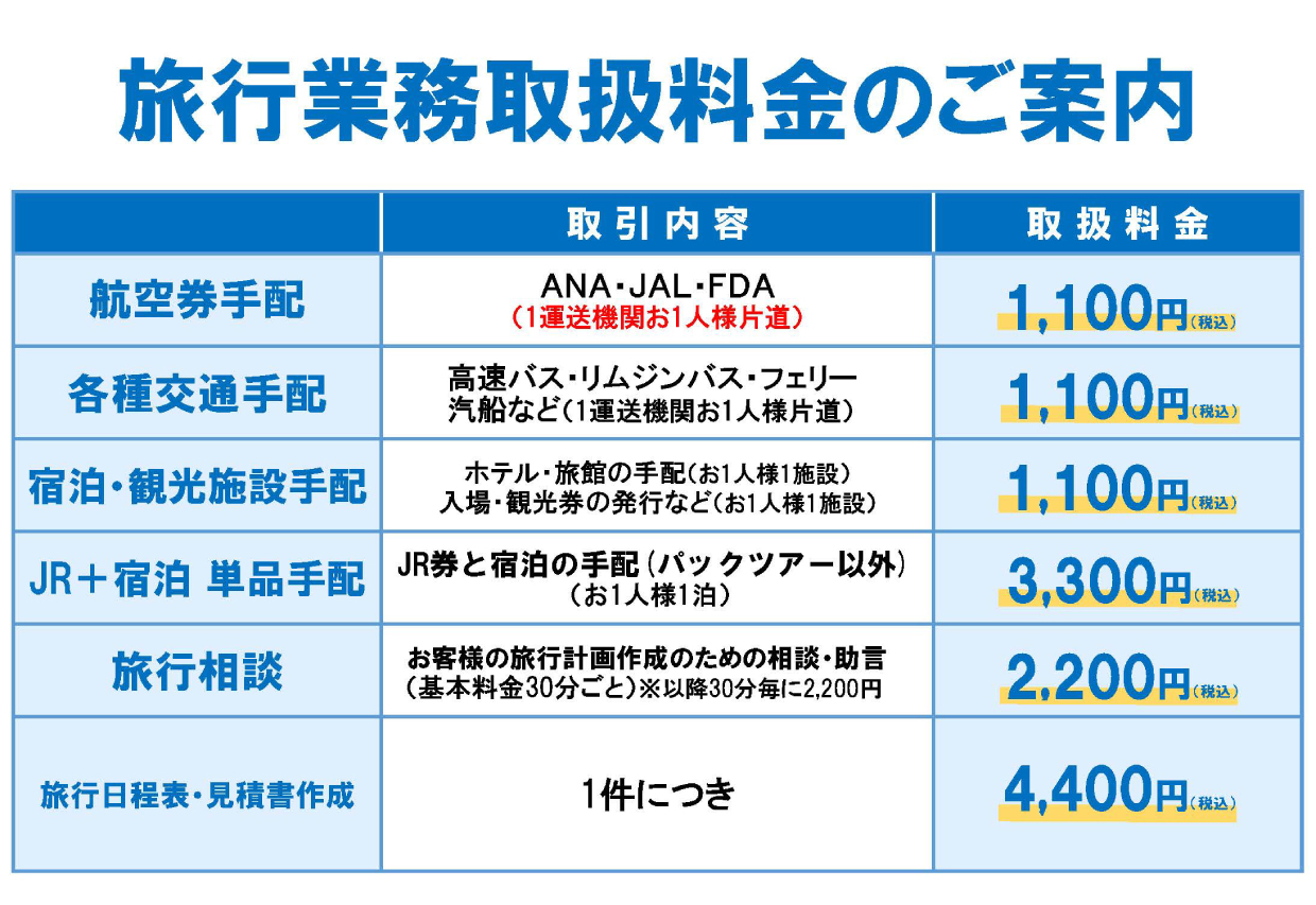 旅行業取扱料金のご案内